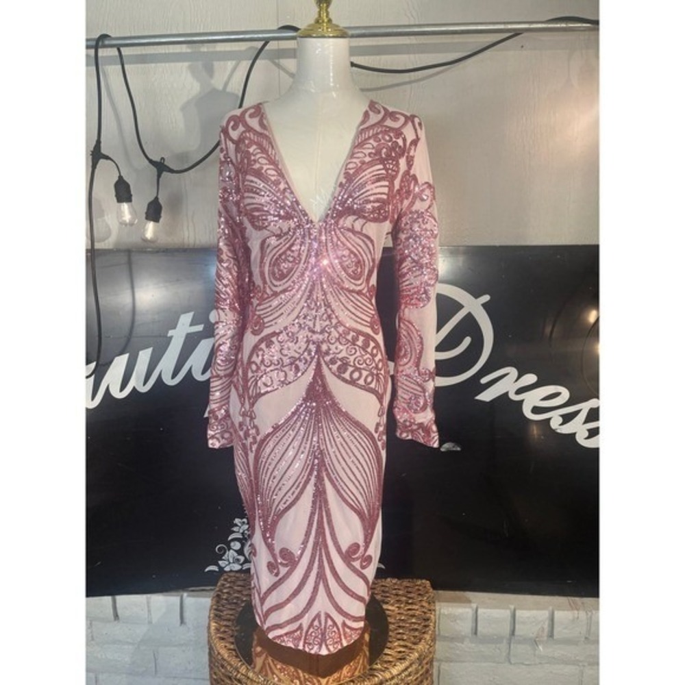 Ricarica Sequin Evening Party Dress Long Sleeve Cocktail Bodycon Pink Petite‎ Sm